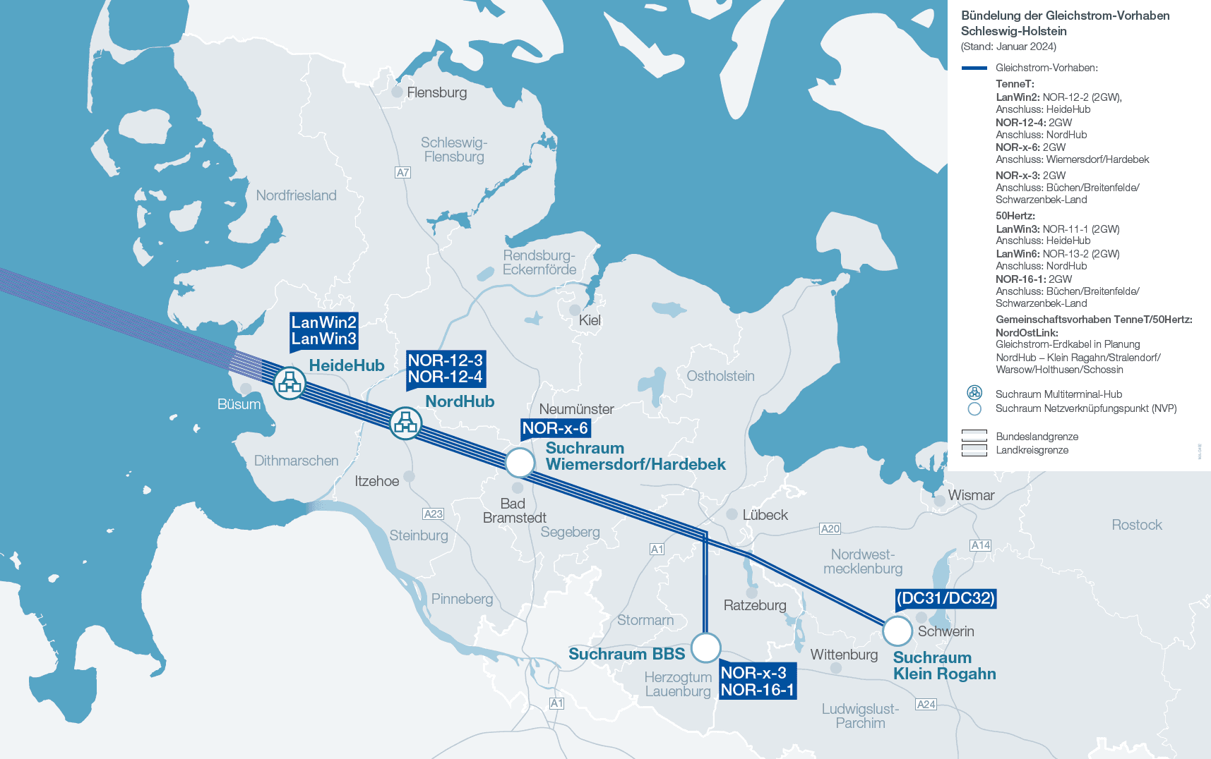 Karte der NordOstLink Bündelungen mit Legende